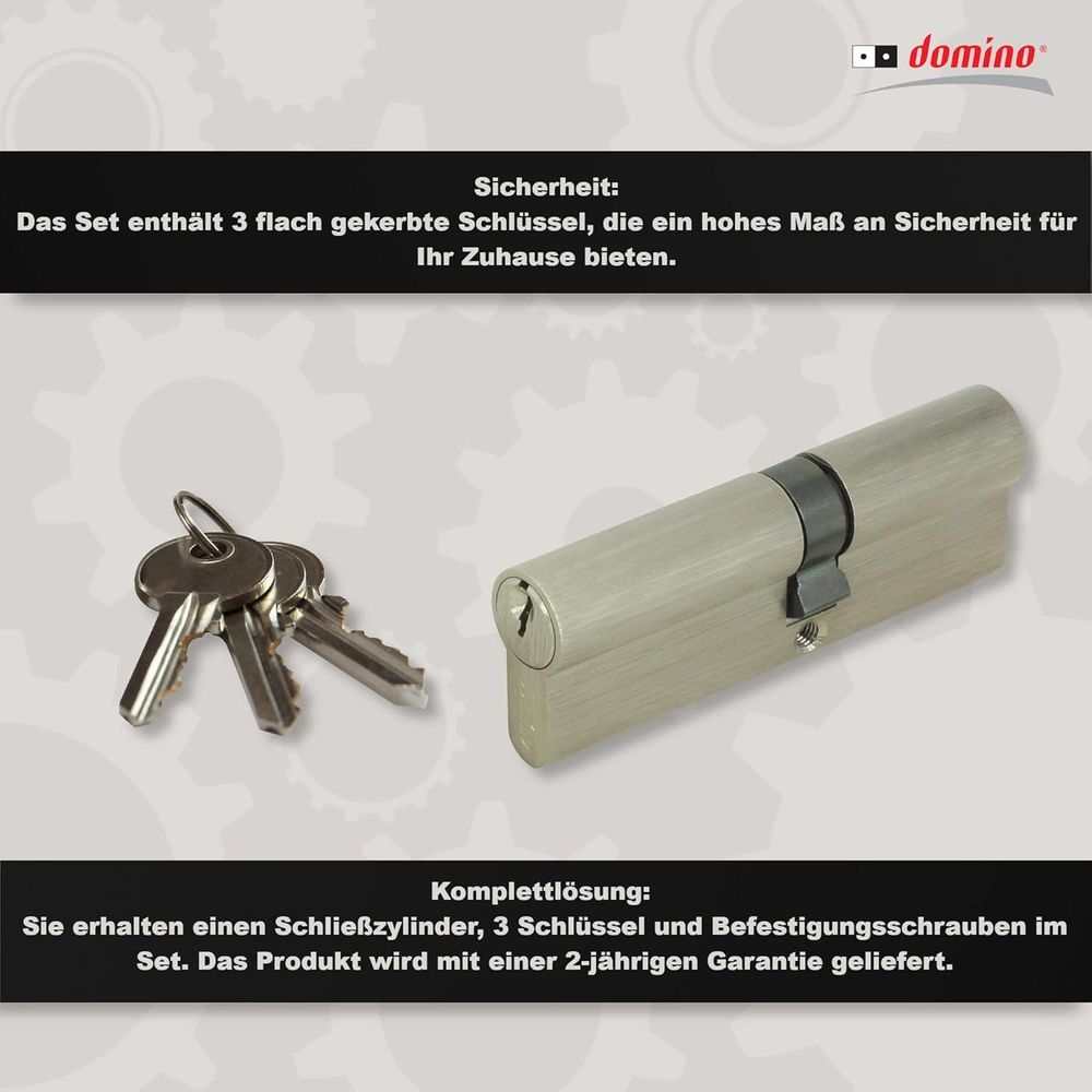 DOMINO Profilzylinder Schließzylinder DMO 35/65 Zylinderschloss | Türschloss | Schloss mit 3 Schlüsseln | Einsteckschloss | Haustür-Schloss | Mehr als 25.000 Zyklen | Nickel
