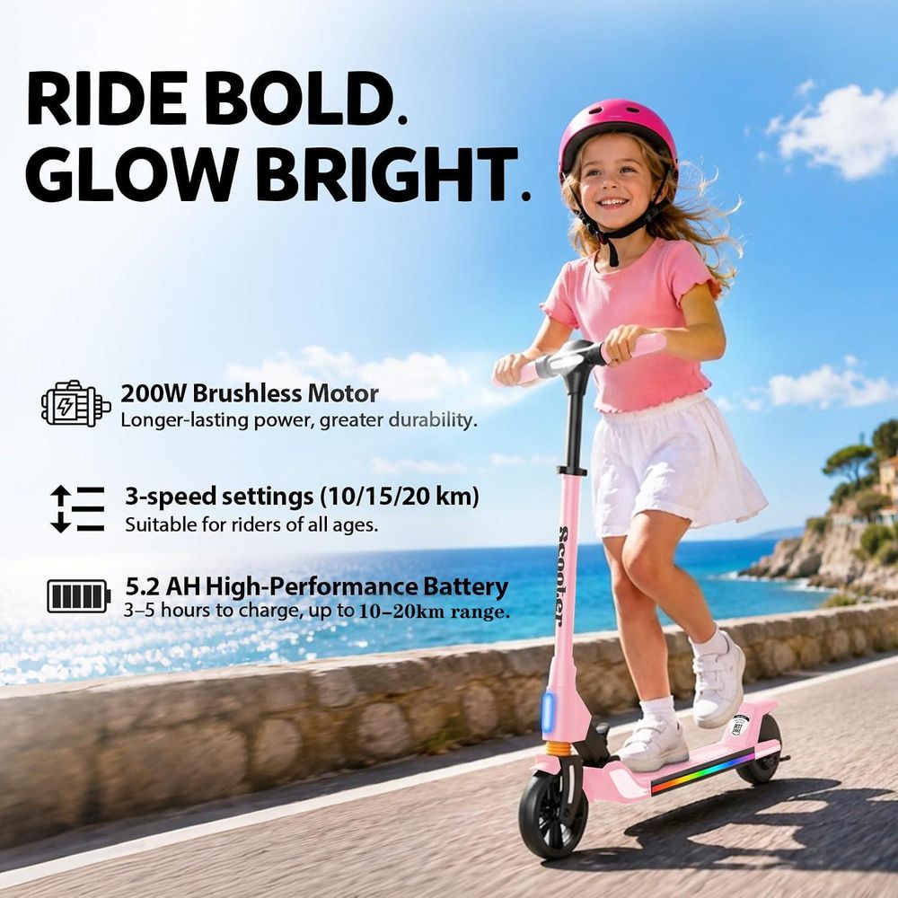Elektroscooter Kinder Für 8-16 Jahren, Klappbar Jugendliche Elektroroller, 200W, 5,2Ah AKKU, Reichweite 10-20 km, Bis 20 km/h, LED, E-Scooter Rosa