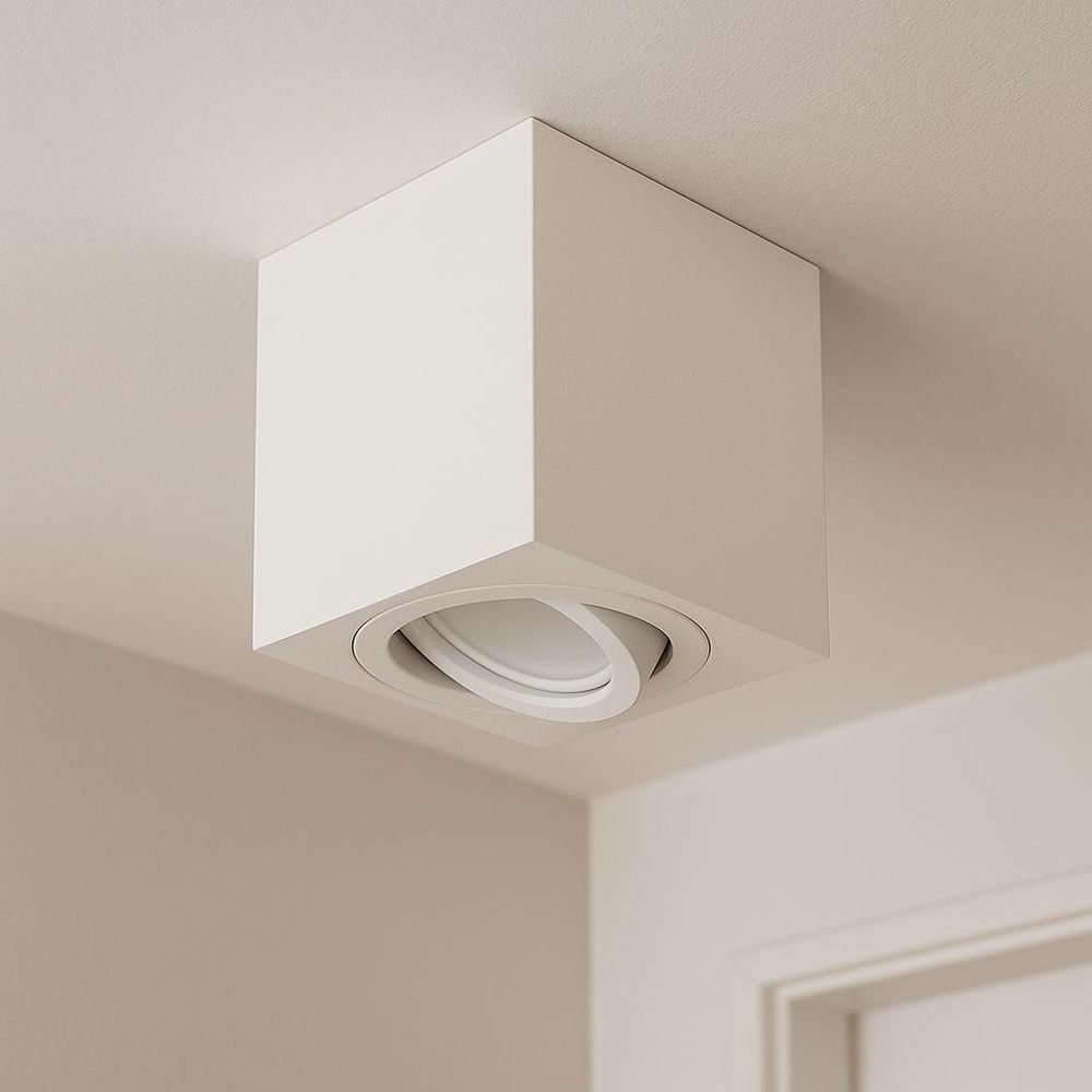 Moderne weiße Deckenleuchte mit rundem, schwenkbarem Spot in minimalistischem Wohnraum.