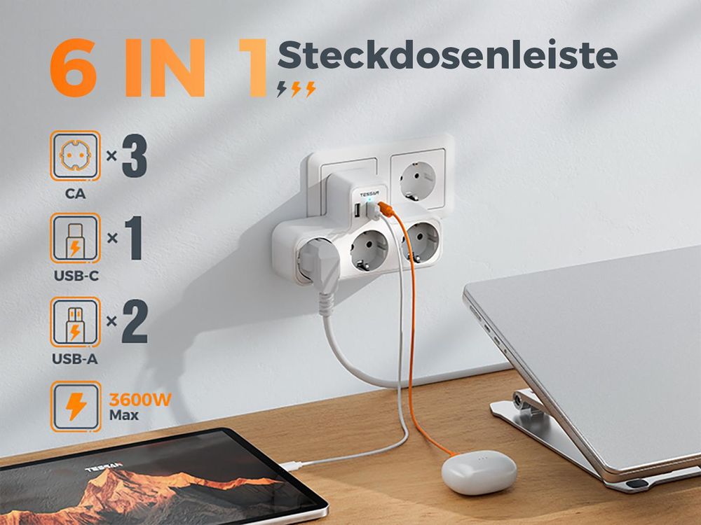 TESSAN Mehrfachstecker 3 Fach Steckdosenadapter mit 2 USB A 1 USB C Mehrfachsteckdose Weiß