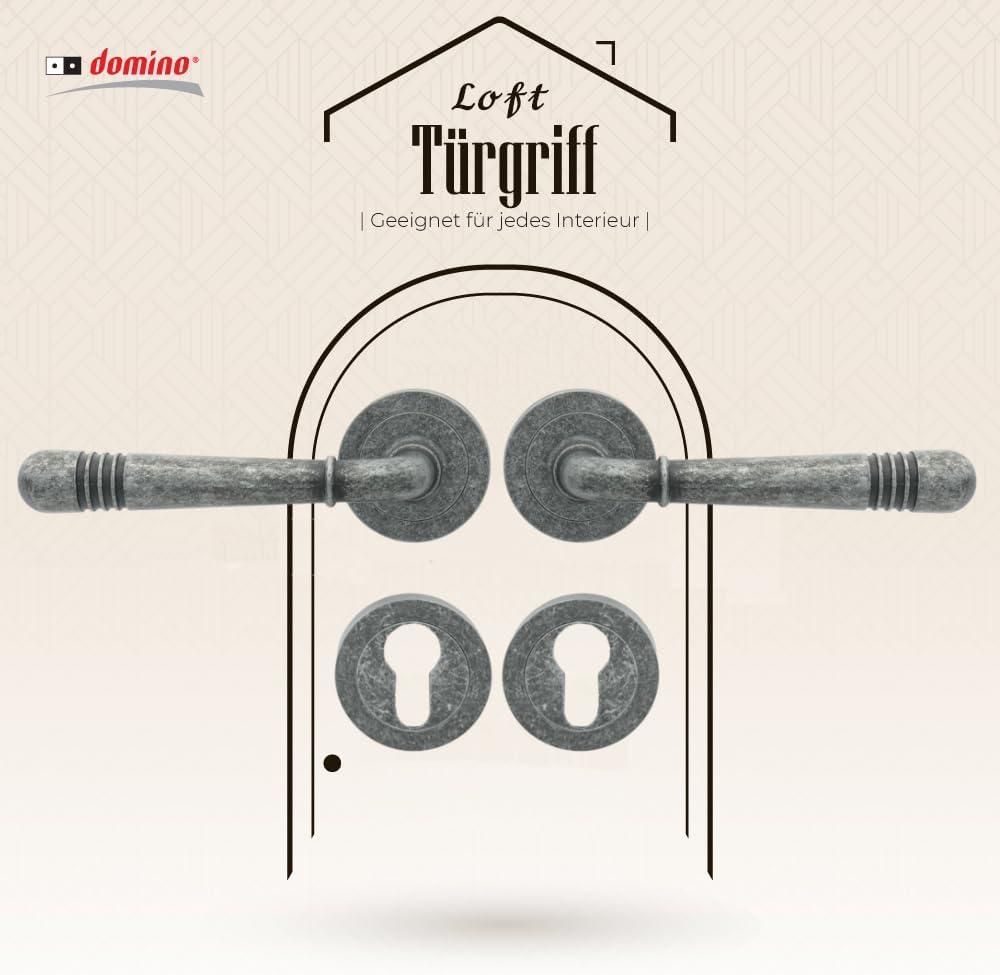 DOMINO Türgriff Drückergarnitur PZ -Profilzylinder Set | Türklinke für Zimmertür, Bürotür, Kellertür & Innentür | aus Znal | Nickel Antik | LOFT-R M95