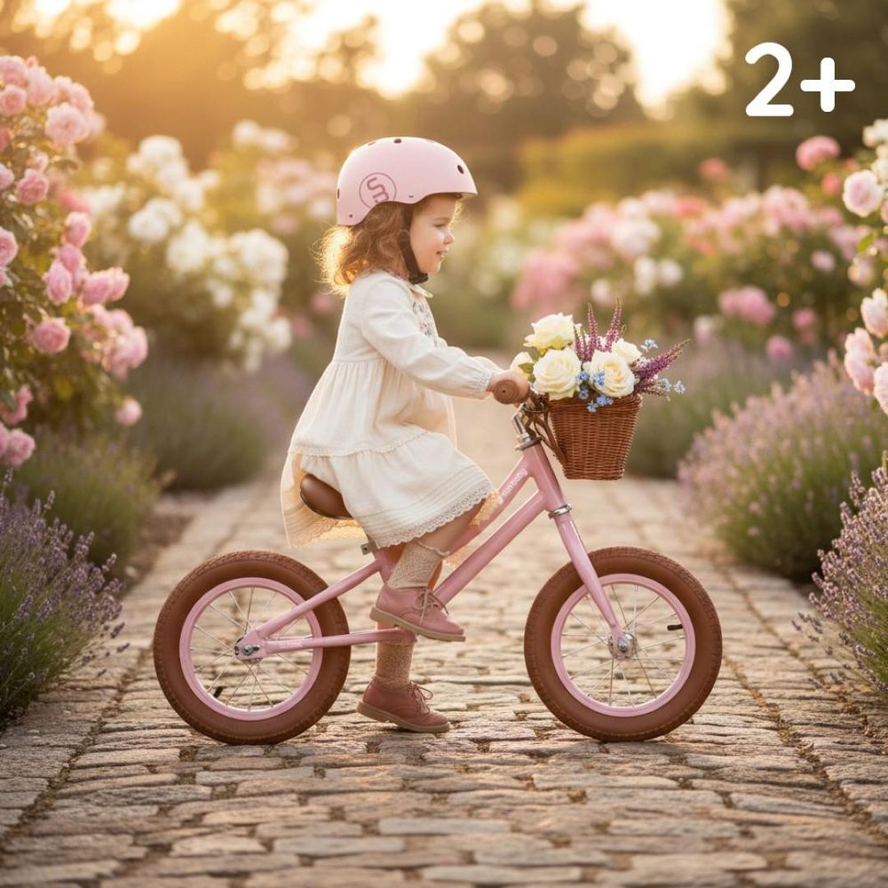 Meisje fietst op roze loopfiets tussen bloemen in de buitenlucht