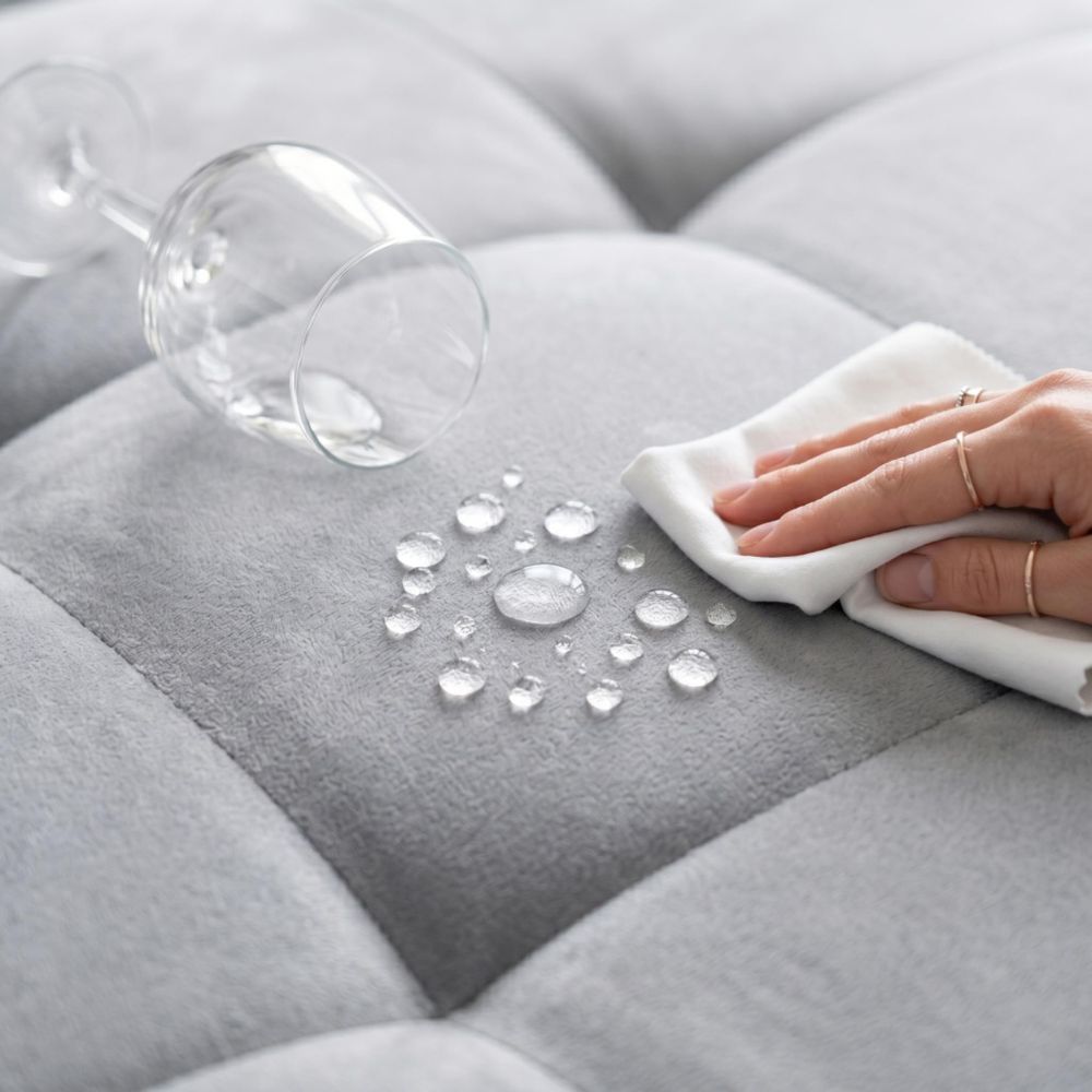 Frau wischt Orangensaft vom Sofa. Flüssigkeit perlt auf wasserabweisender Oberfläche ab.