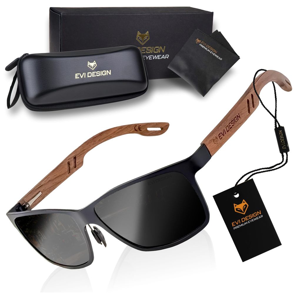 Sonnenbrille Herren Polarisiert UV400, Holz Sonnenbrille Nerd-Stil mit Walnussholz-Bügeln, inkl. Etui & Zubehör, EVI DESIGN, Schwarz