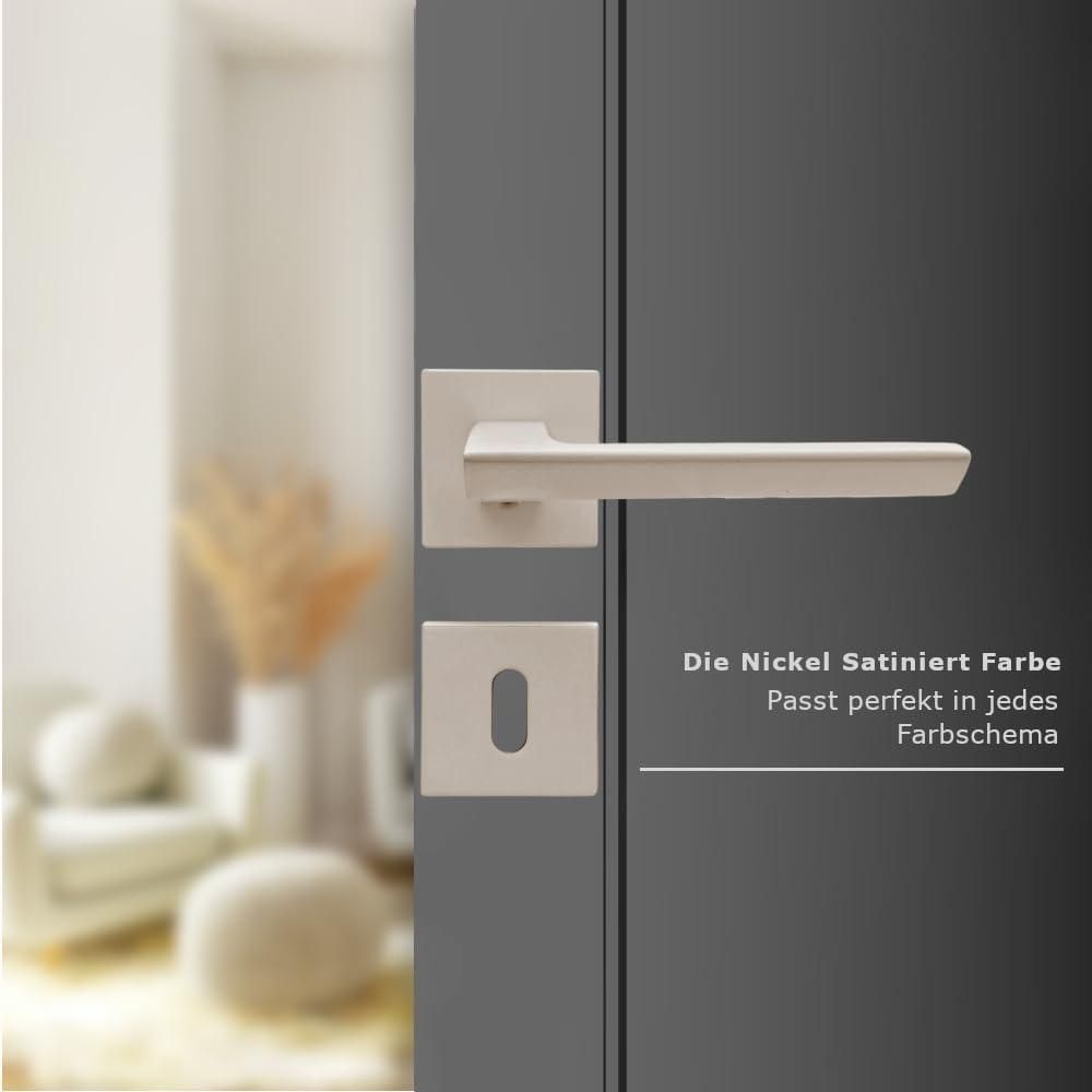 DOMINO Türgriff Drückergarnitur BB-Buntbart Set | quadratische Rosette | Türklinke für Zimmertür, Bürotür, Kellertür & Innentür | Türbeschläge aus Aluminium  |Satin Nickel Türdrückergarnitur |ELENA QR SLIM SN