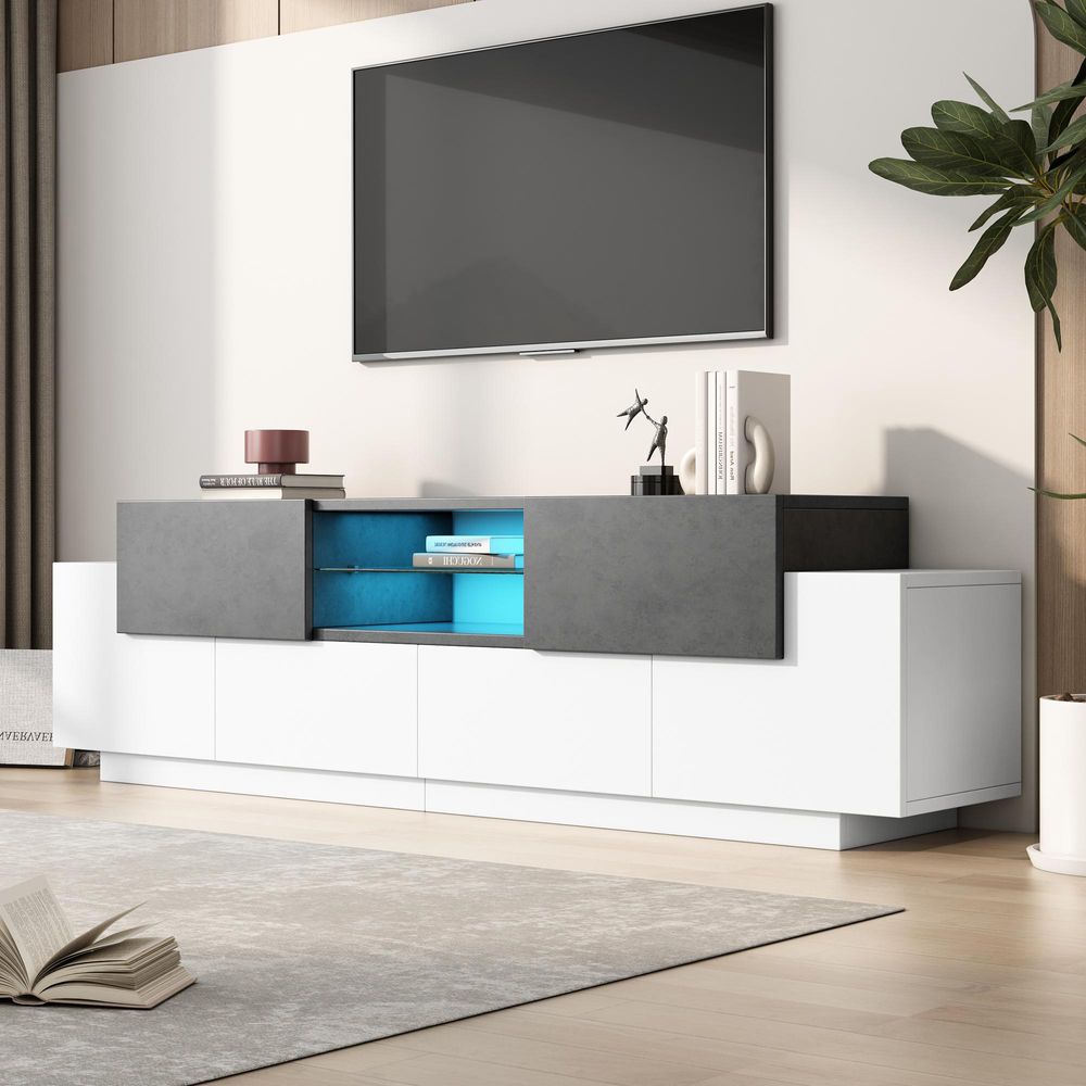 Merax LED TV-Schrank 180x40x45 cm, Lowboard für 40–80 Zoll TVs, TV Möbel in Weiß +Grau Marmoroptik, Glasablage, 2 Schubladen, 4 Türen, RGB Beleuchtung