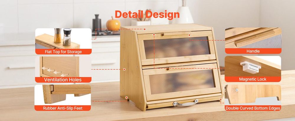 VEVOR Eck-Brotbox für die Küchenarbeitsplatte, doppelschichtige große Kapazität Bambus-Brotlagerbehälter, Bauernhaus-Holzbrotbox für hausgemachtes Brot, Aufbewahrungsbehälter mit akryl-welligem Tür, natürlich, Burlywood-a, Doppeldeck-a