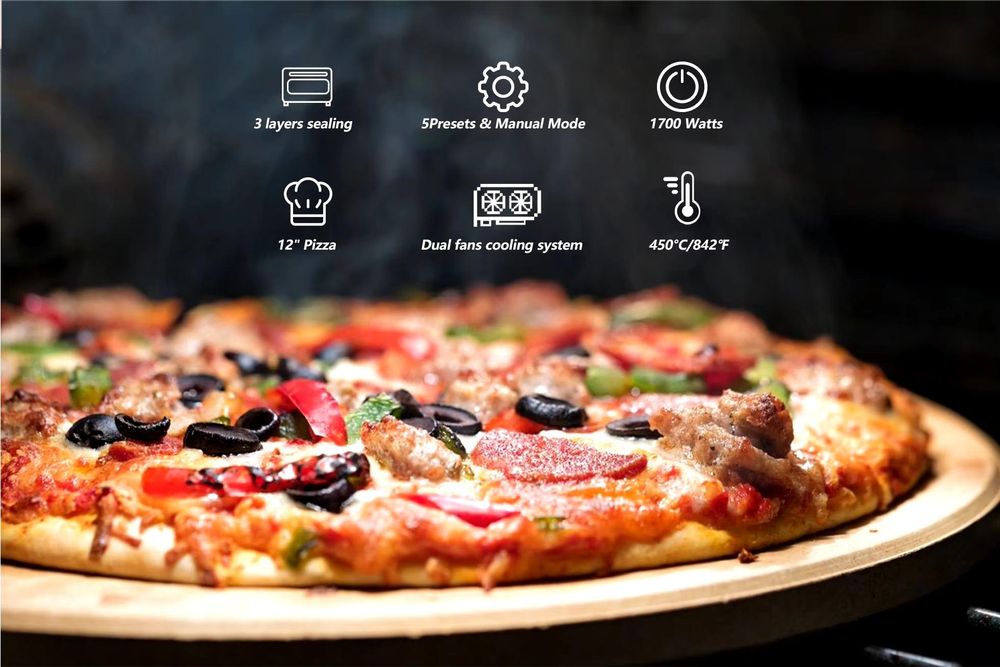 BOLKANI Elektrischer Pizzaofen mit Pizzastein & Pizzaschieber – 450°C für knusprige Steinofen-Pizza in 2 Minuten – 1700W, Timer Innenbeleuchtung.