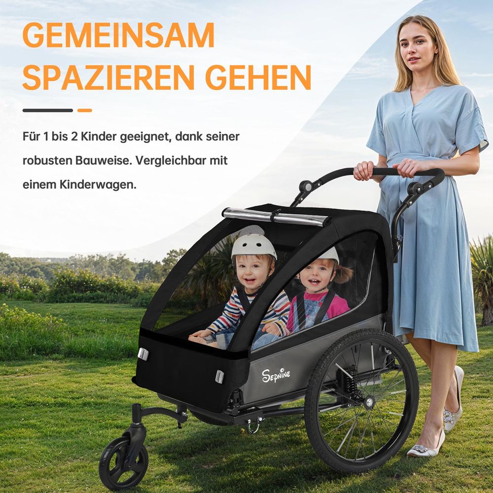 BT920 2‑in‑1 Kinder‑Fahrradanhänger, Aluminium‑Rahmen, 40 kg Tragfähigkeit, für 1‑2 Kinder, Maße: 75 × 28 × 71 cm，Schwarz