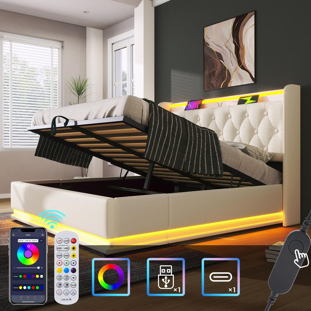 Flieks Polsterbett 140x190cm mit Ladefunktion (USB&Typ-c), Jugendbett Doppelbett Stauraumbett mit LED, Hydraulisches Boxspringbett, PU, Weiß