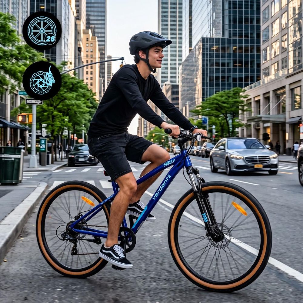 Persona montando la bicicleta en ciudad, con iconos de frenos