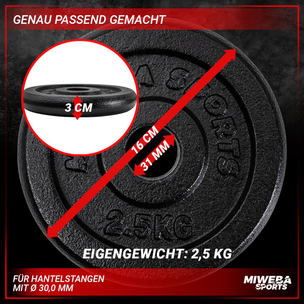 Miweba Sports Hantelscheiben Set | Gusseisen - Hantelgewichte - Gewichtsscheiben - Fitness Scheiben - Gewichte für Hantel - Ø30mm - Schwarz - 4x2,5 kg