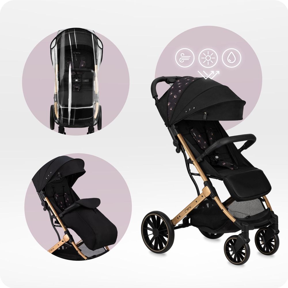 MoMi ESTELLE DAKAR – Ultraleichter Baby Kompaktbuggy mit XL-Rädern, Einhand-Faltung & Trolley-Funktion, inkl. Zubehör, ideal für Reisen – Schwarz/Gold