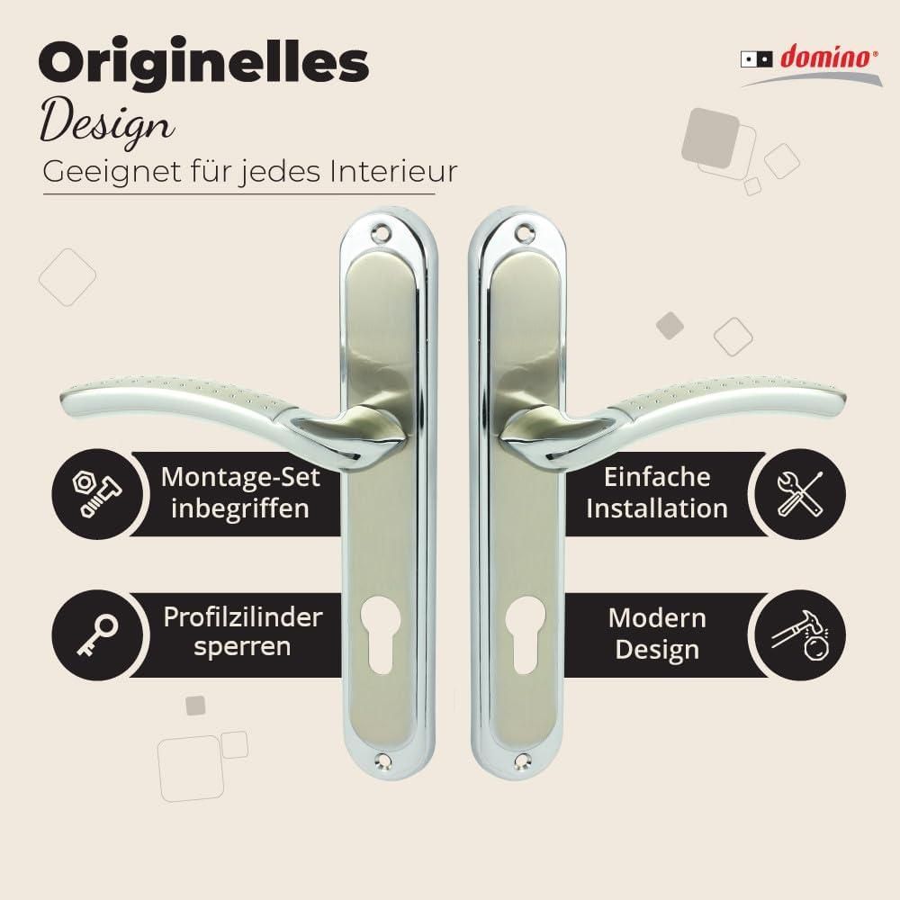 DOMINO Türgriff 72 Drückergarnitur PZ - Profilzylinder Set | Türklinke für Zimmertür, Bürotür, Kellertür & Innentür | L-Form | Türbeschläge aus Aluminiuml | Chrom/Nickel Türdrückergarnitur | SHARON ECO M6/M9