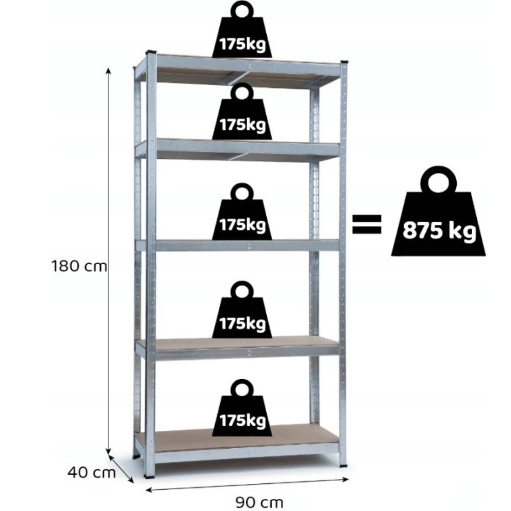 Regał metalowy magazynowy piwnica garaż 180x90x40cm 875 kg 3W1 5 półek FUNFIT