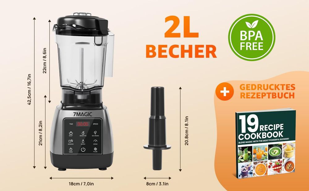 7MAGIC 2000W Standmixer, Mixer 2L BPA Free mit 5 einstellbaren Geschwindigkeiten, 24.000 U/min - Pulsfunktion, Timer, Mixer mit Display, 6 Messer aus Edelstahl, Schwarz