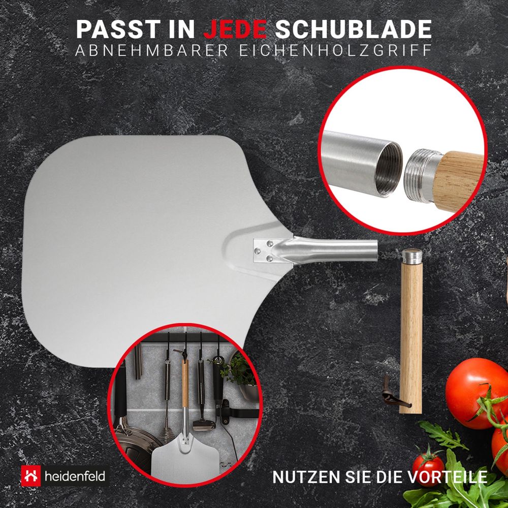 Heidenfeld Pizzaschieber Catania | Pizza Schieber - Aluminium - Eichenholz - 30,5 cm - Pizzaschaufel mit abnehmbarem Holzgriff