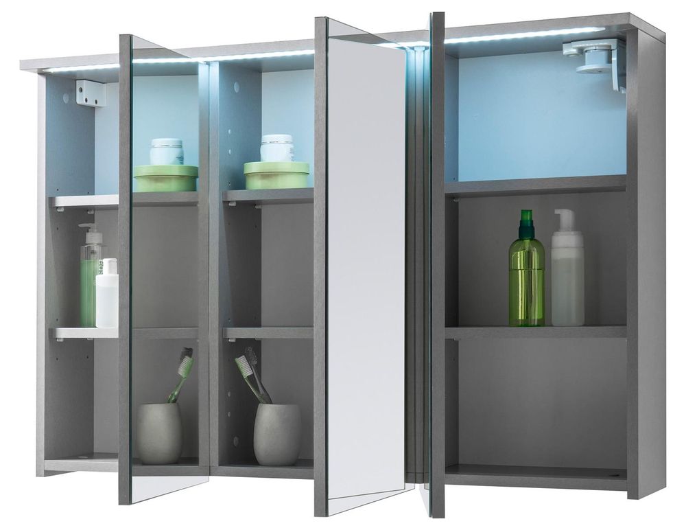 Spiegelschrank "Kirkja I" – moderner Bad-Spiegelschrank mit LED-Beleuchtung und 3 Spiegeltüren