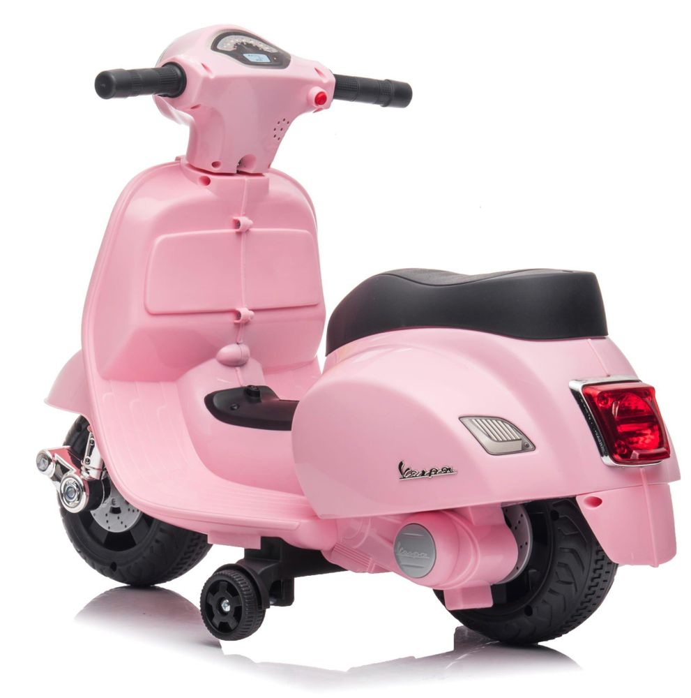 Vista posteriore della Vespa elettrica per bambini con ruote laterali