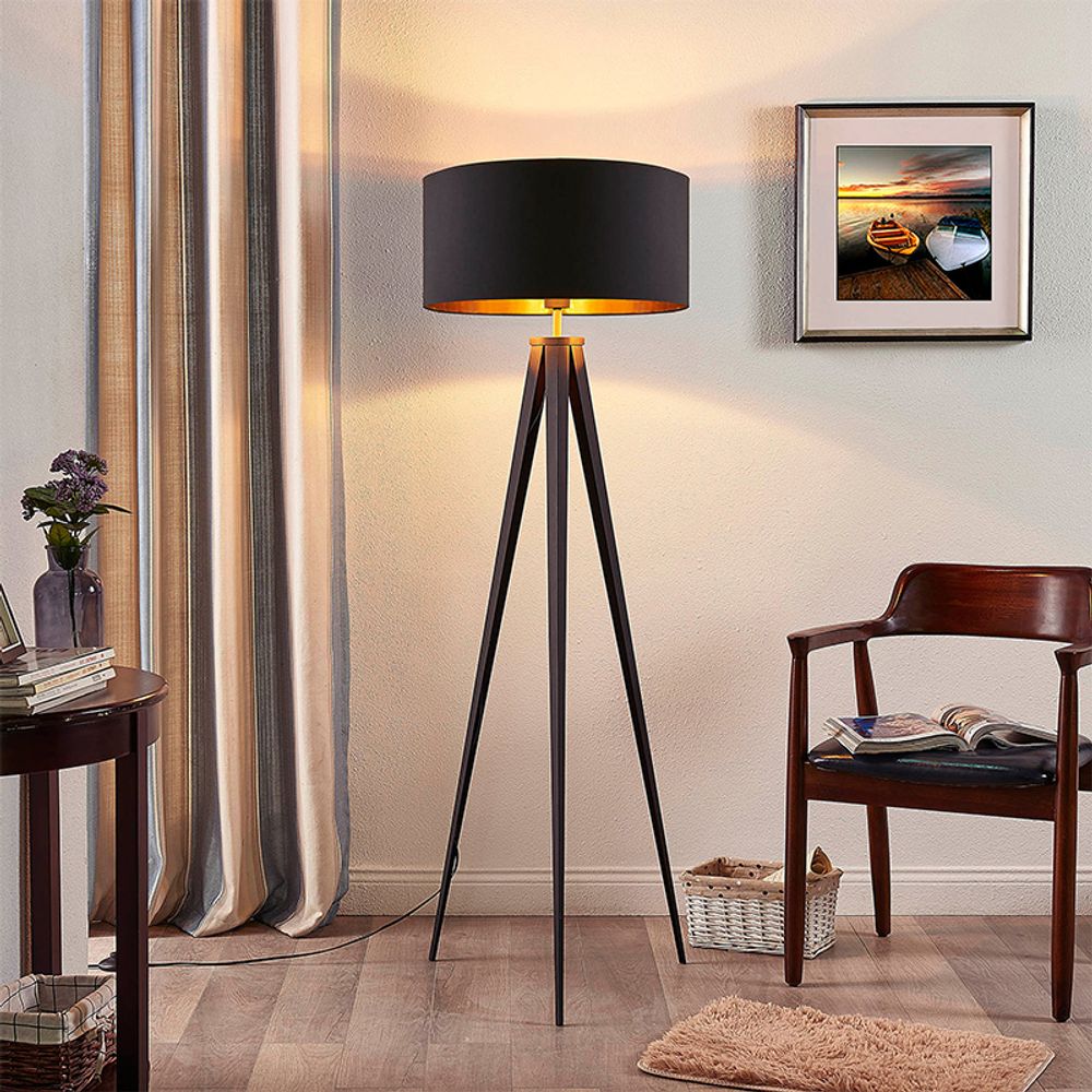 Lindby Stehlampe Benik, Tripod, Textil, schwarz/gold, 153cm