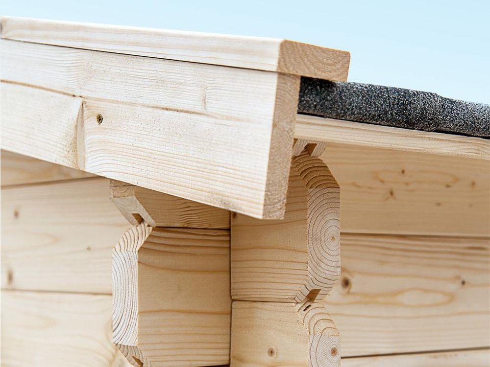 WOODTEX Naturbelassen Gartenhaus Blockbohlenhaus CA2988 28 mm, Gartenhaus mit Anbau 4 m, Blockbohlenhaus aus Fichte, Doppelflügeltür mit Echtglas, Fenster, Sturmleisten, Chalet Verbindung