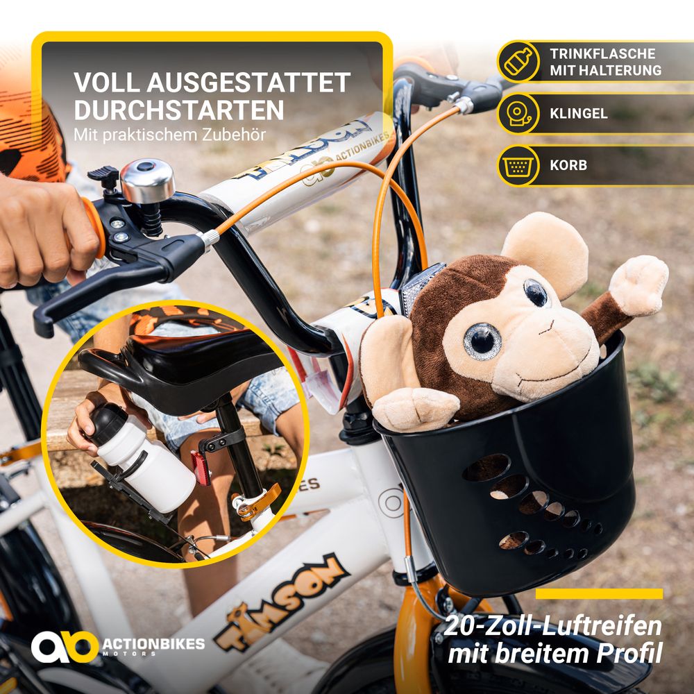 Actionbikes Kinderfahrrad Timson 16 Zoll | Kinder Fahrrad - V-Brake Bremsen - Kettenschutz - Fahrradständer - Fahrradkorb - 4-7 Jahre (Orange/Weiß)