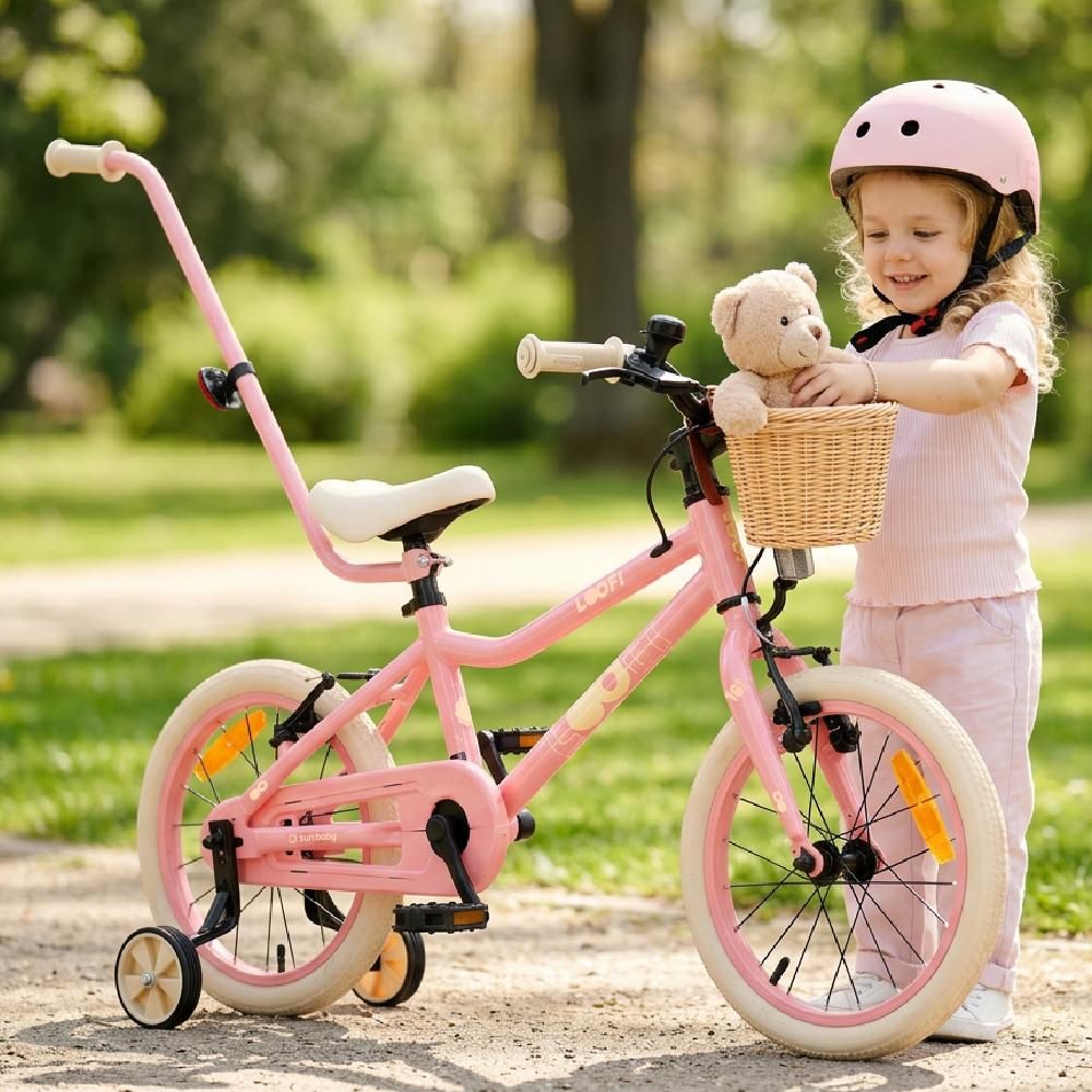 SUN BABY LOOFI Kinderfahrrad 14 Zoll, leichtes Aluminium Fahrrad 6,6 kg für Kinder ab 3 Jahre, mit Stützrädern, Korb, Klingel, Mädchen