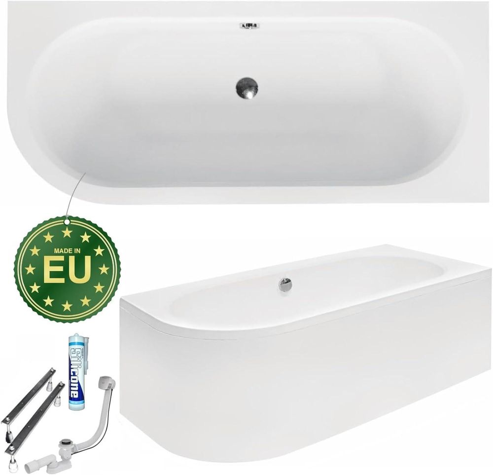 ECOLAM Badewanne Eckbadewanne Eckwanne Rechteck Wanne Acryl Avita für Zwei 170x75 RECHTS Schürze Füße Silikon Ablaufgarnitur GRATIS