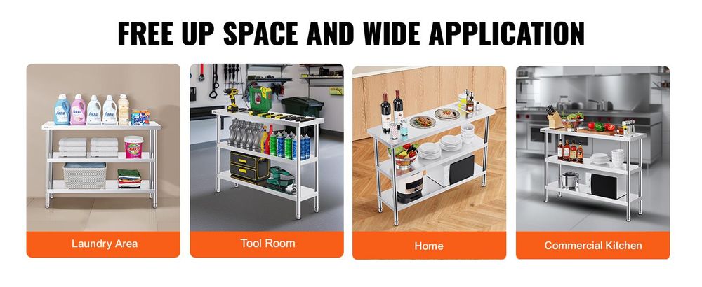 VEVOR Edelstahl Vorbereitungs Tisch, 24 x 24 x 34 Zoll, Schwerlast Metall Arbeitstisch mit 3 verstellbaren Höhenstufen, Gewerbliche Arbeitsstation für Küche Garage Restaurant Garten, 356x1219x864 mm
