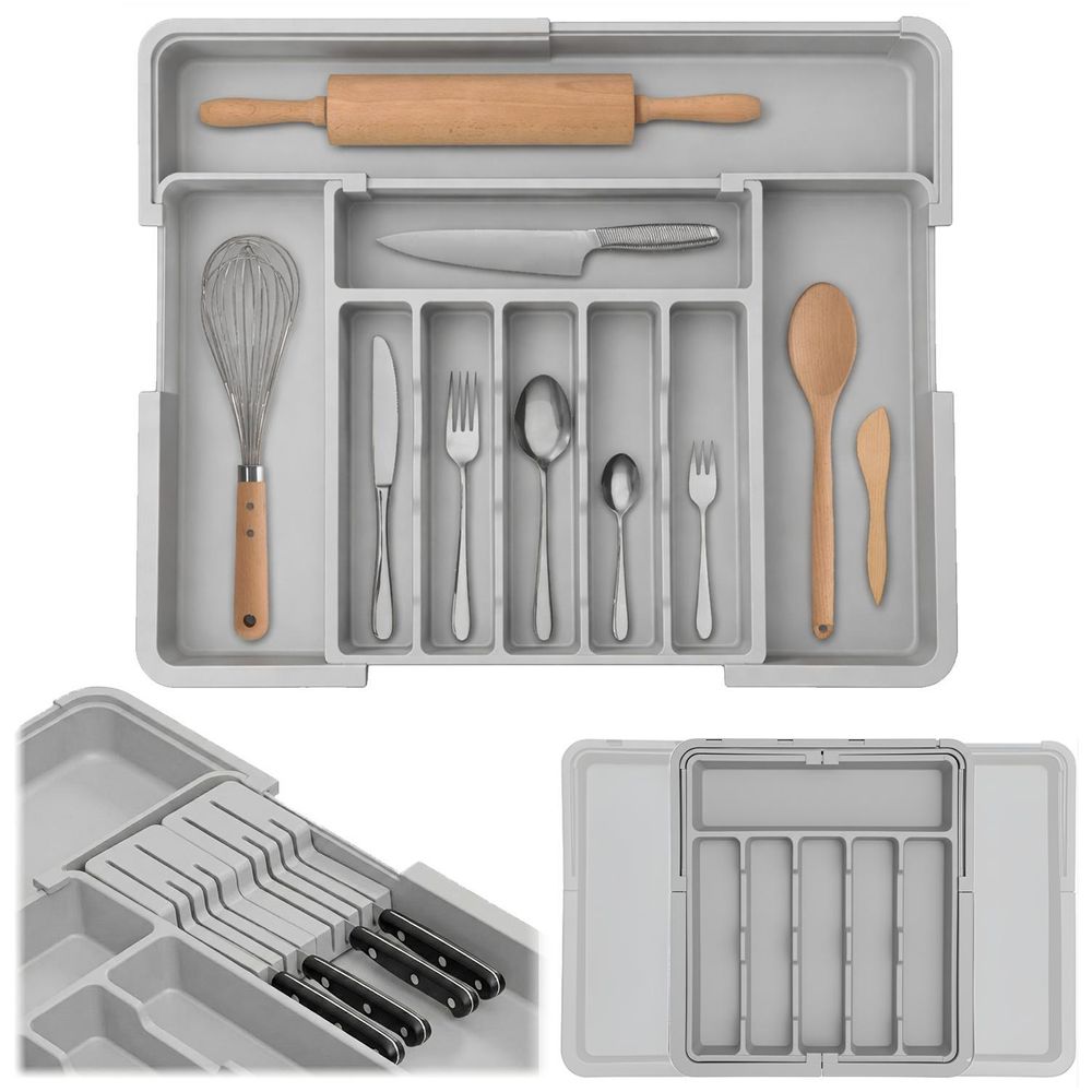 WELLHAUS – Ausziehbare, verstellbare Besteck- und Küchen­schubladen-Organizer – flexibles Raum­wunder für Ihre Küche (Grau, 33 x 37 cm -> 56 x 48 cm)