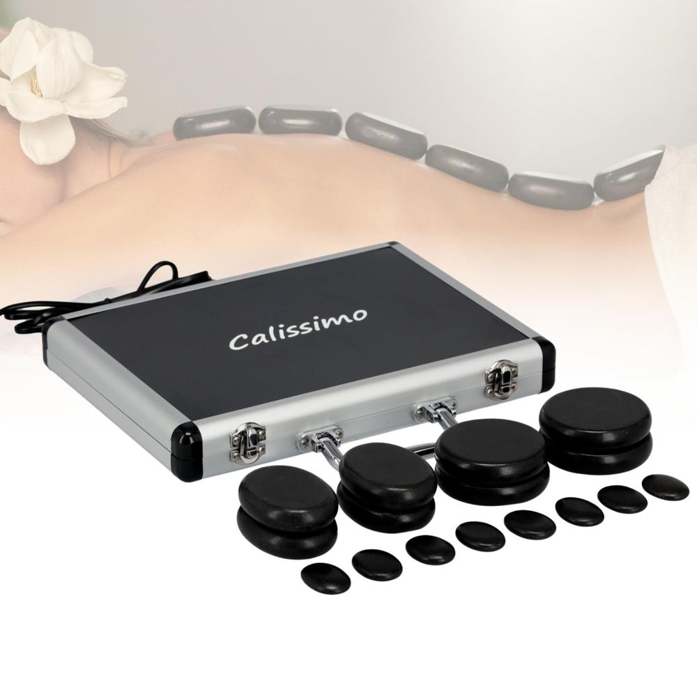 Ensemble de 16 pierres de massage SPA en basalte noires dans un étui
