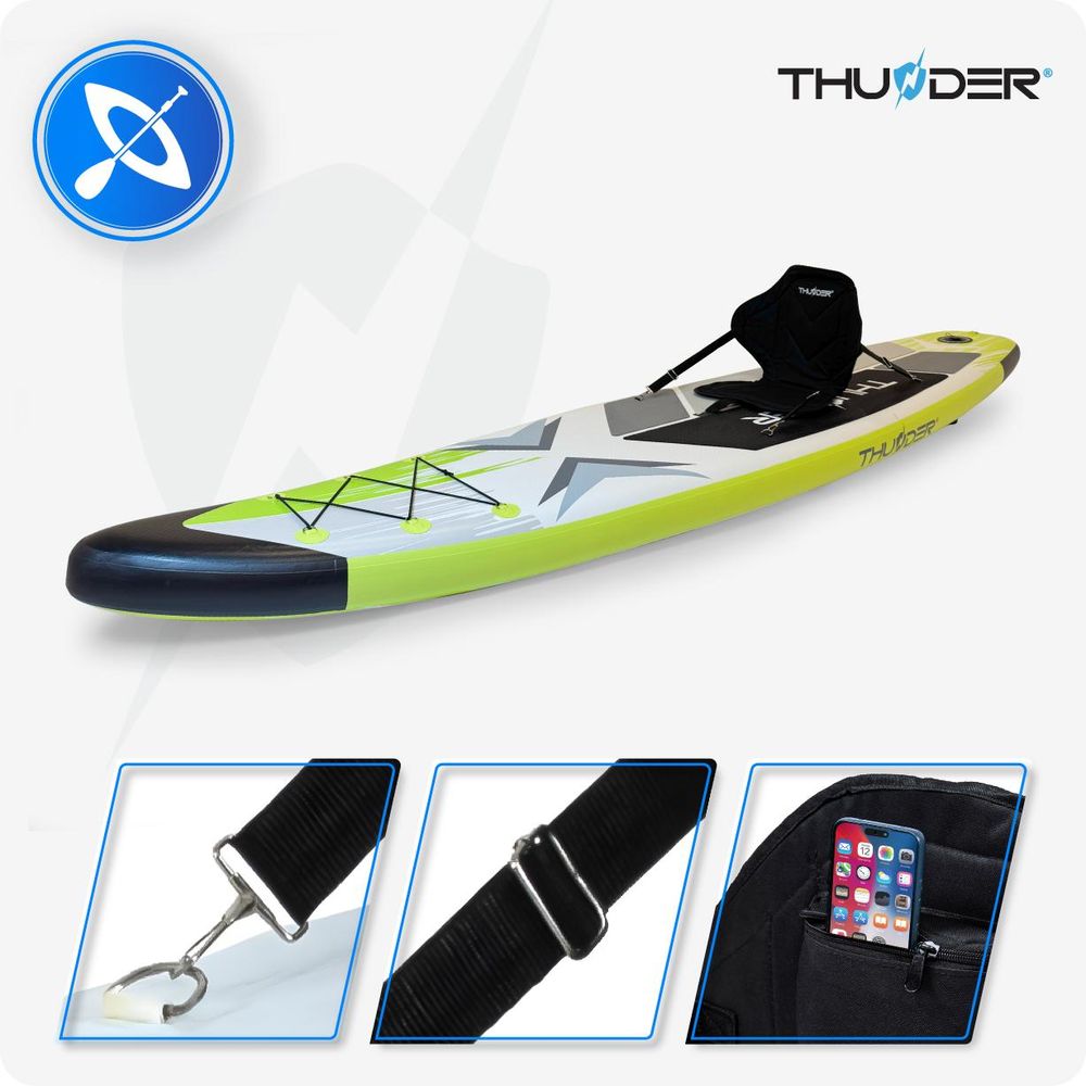 THUNDER® Stand Up Paddle Board | VELA | 320x75x15cm | Lime | Bis 150kg | Komplettset | Aufblasbar | Paddleboard | SUP Zubehöre | Kajak Sitz |