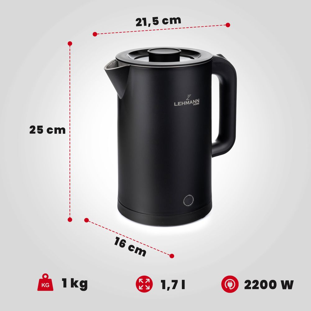 Czajnik elektryczny bezprzewodowy Lehmann Venice LHOEK-2217B, stalowe wnętrze, pojemność 1,7l, moc 2200W, nowoczesny z filtrem