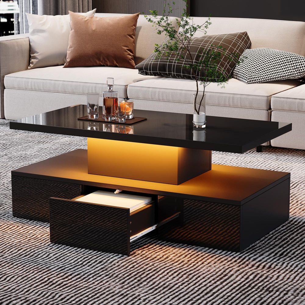 STILVORA Couchtisch 16 LED Beleuchtung-Beistelltisch mit Hochglanz,Sofatisch mit offenem Ausstellungsregal und 1 Schiebeschubladen,schwarz