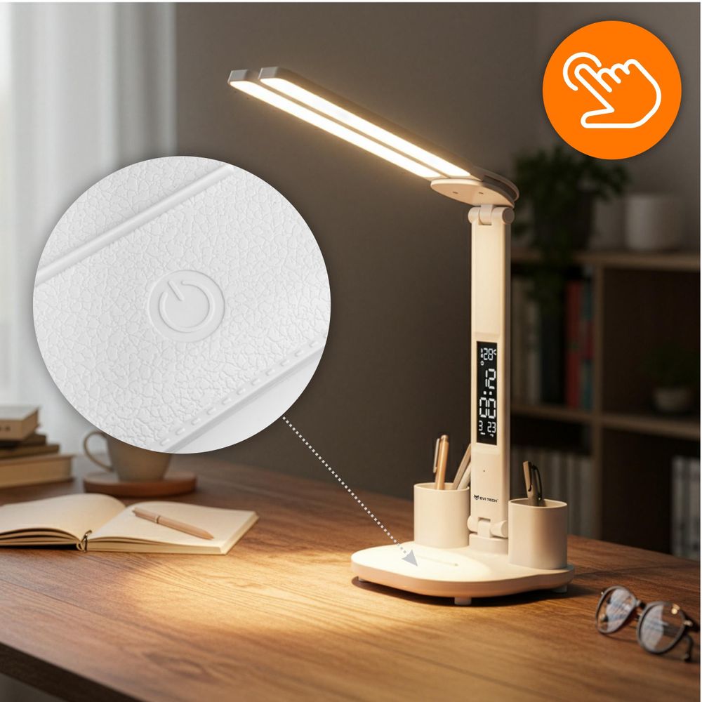 Doppel-LED Schreibtischlampe mit Akku & LCD Display, 6in1 Tischlampe mit Uhr, Termometer & Organizer, Touch-Steuerung, USB-C, Weiß, EVI TECH 40 LEDs