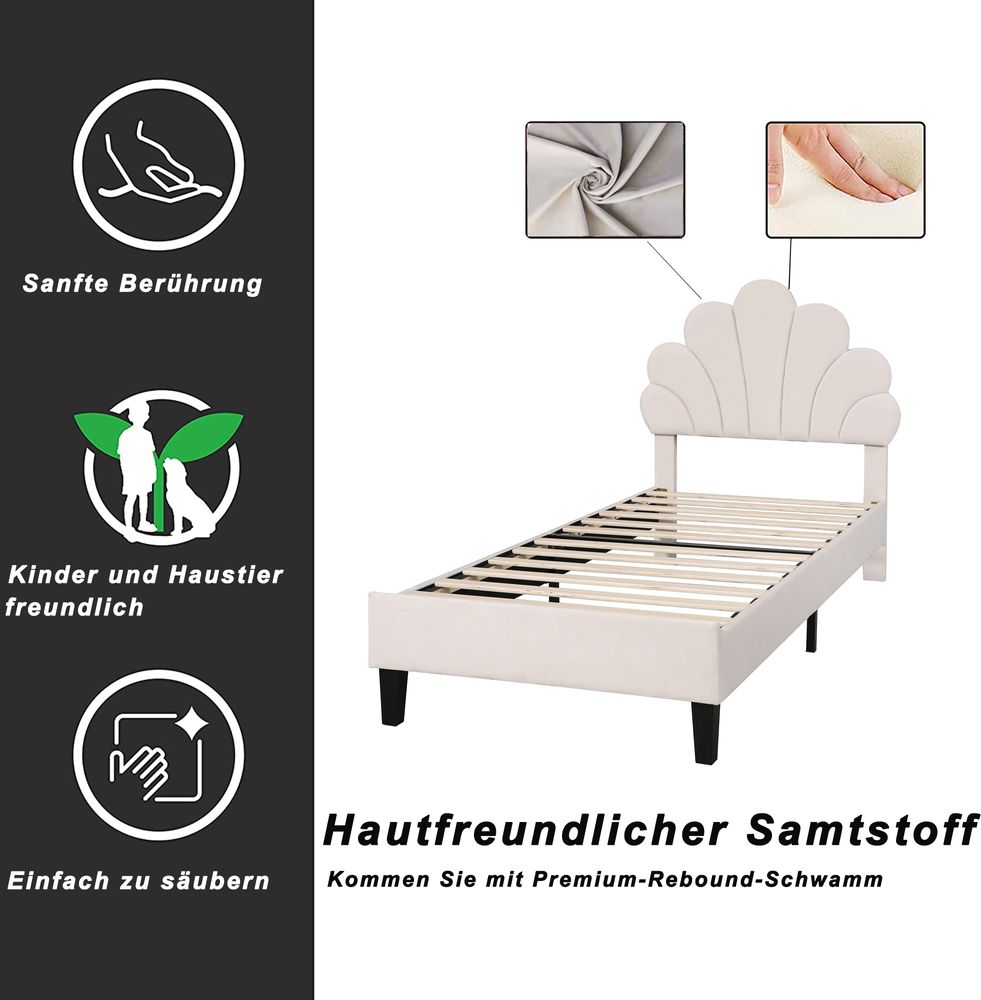 Flieks Polsterbett 90x200cm Samt mit Blumenform-Kopfteil und Lattenrost Einzelbett Kinderbett für Damen Kinder Jugend