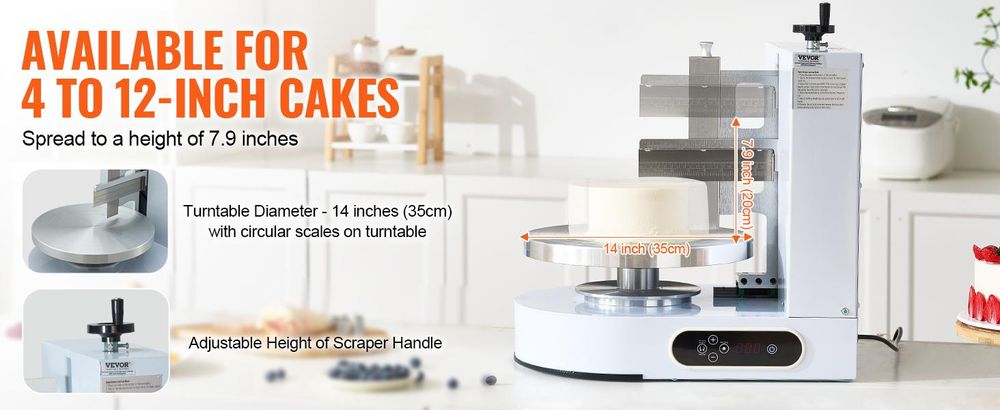 VEVOR Kuchen-Dekorationsmaschine, Kuchencreme-Verteilmaschine, leise Kuchen-Glasurmaschine, Drehteller mit verstellbarem Schaber, für 4" bis 12" Kuchen, 25-320RPM Drehgeschwindigkeit, Weiß, 4-12 in, Weiß