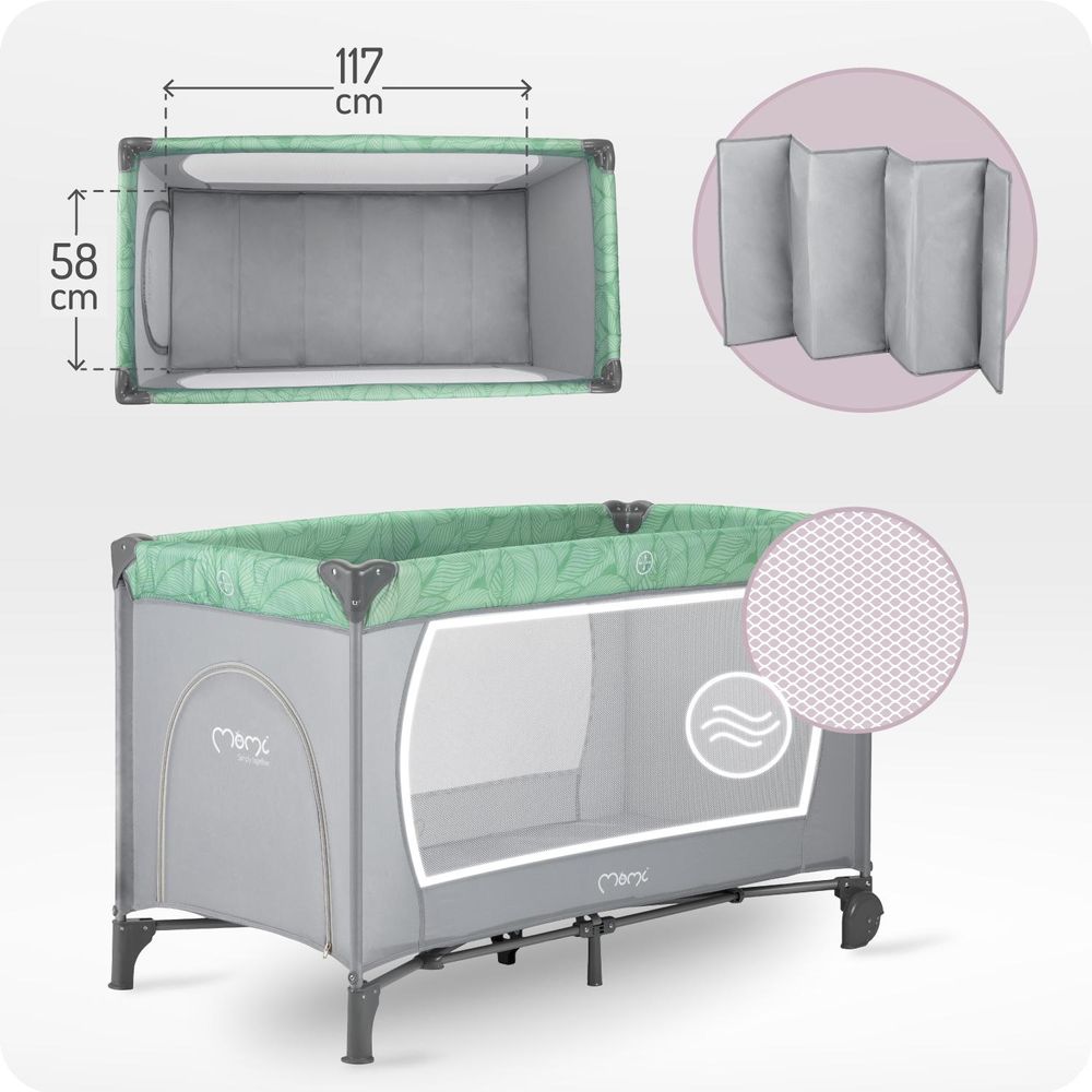 MoMi BELOVE – Baby Reisebett klappbar mit Matratze, Seiteneingang & Rädern, Sicherheitsverriegelung, Tragetasche inklusive – Jadegrün