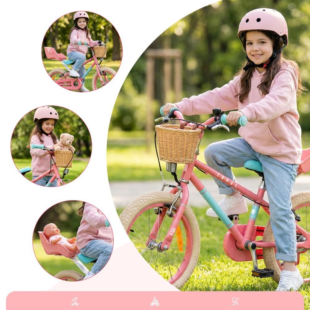 Mädchen fährt das Fahrrad draußen, mit Puppe im Sitz und Spielzeug im Korb
