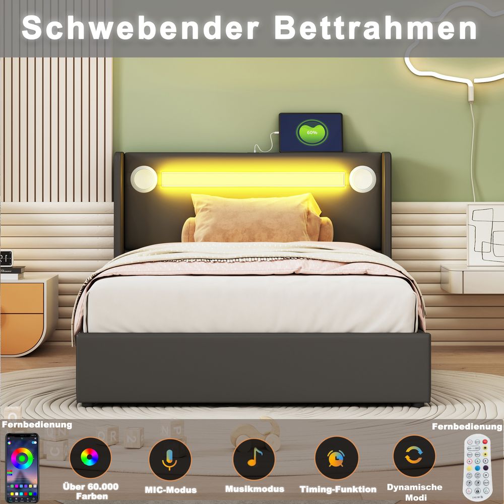 Flieks Polsterbett 90x200cm mit USB und Bluetooth-Player, Boxspringbett Einzelbett mit LED und Lattenrost, Stauraumbett Jugendbett, PU, Schwarz