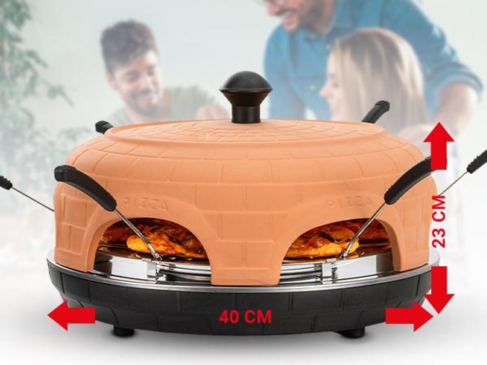 Heidenfeld Mini Pizzaofen Pizzachef | 1.100 Watt - Pizzadom ⌀ 40.0 cm - Für 6 Personen - Terrakotta-Kuppel - Bis 300 °C - 6 Pizzaschieber ⌀ 10,5 cm