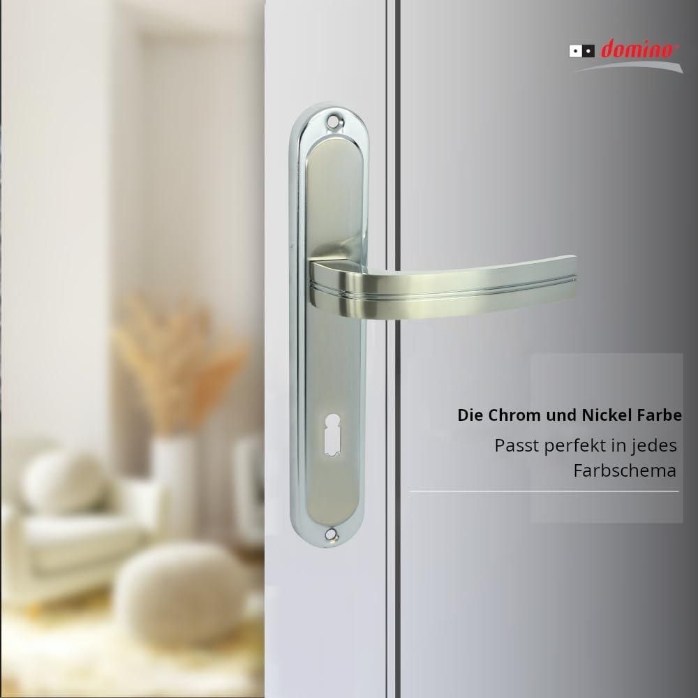 DOMINO Türgriff 72 Drückergarnitur BB-Buntbart Set | Langschildgarnitur | Türklinke für Zimmertür, Bürotür, Kellertür & Innentür | L-Form | Türbeschläge aus Aluminiuml | Chrom Nickel Türdrückergarnitur | DEKAN M6/M9