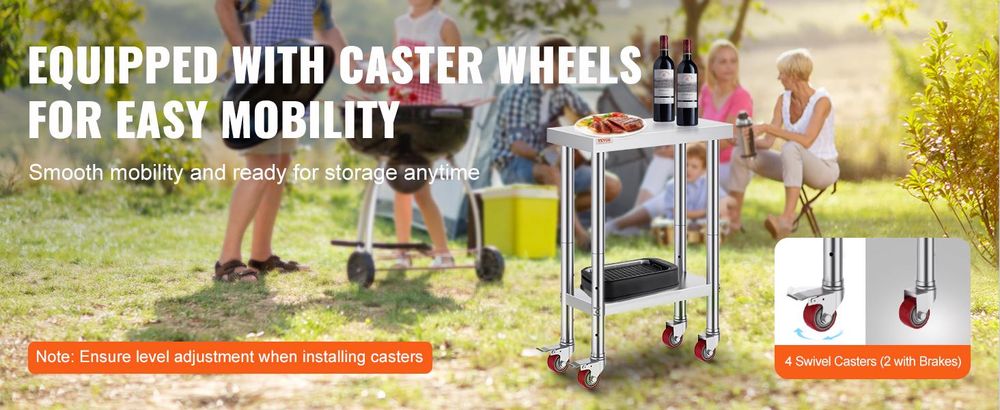 VEVOR Edelstahl Arbeitstisch 30 x 18 x 34 Zoll, 700 LBS Tragfähigkeit mit 4 Rädern, 3 verstellbare Höhenstufen, robuster Lebensmittelvorbereitungstisch für gewerbliche Küchenrestaurants, Silber, 307x612x862 mm