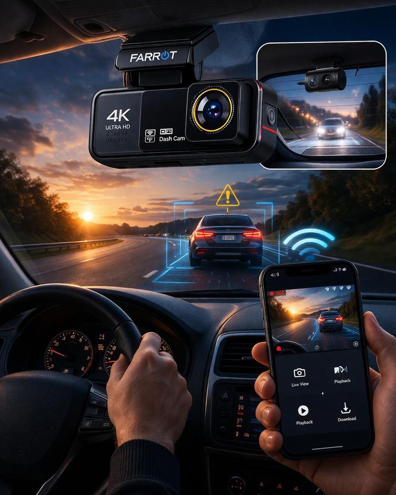 Schermo della dashcam con immagine della strada in 4K