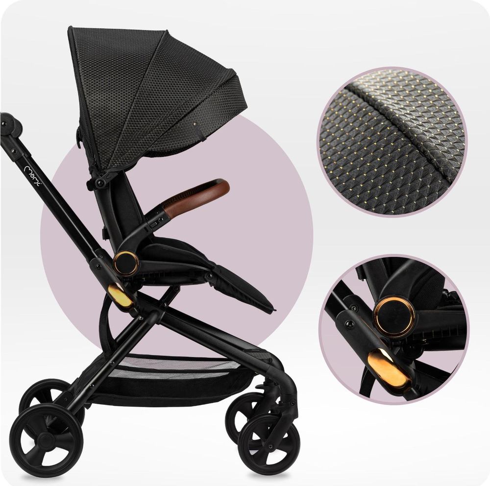 MoMi ADELLE Buggy Kinderwagen - 360° Drehsitz, Leicht, Stoßdämpfung 4 Räder - Schwarz/Gold