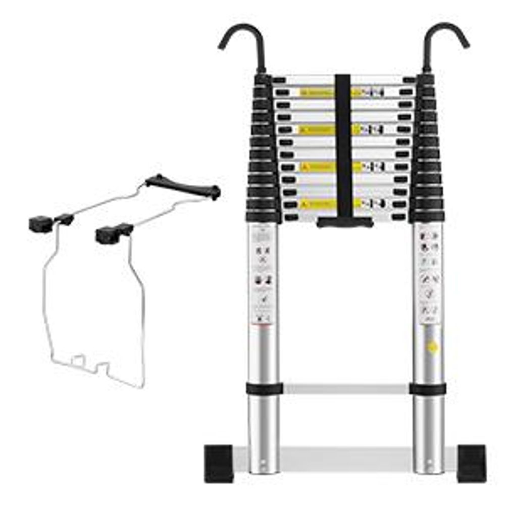 STANEW Échelle Télescopique 5M avec Stabilisateur d'échelle, Marchepieds Escamotables en Aluminium avec Barre Stabilisatrice et Crochets Amovibles