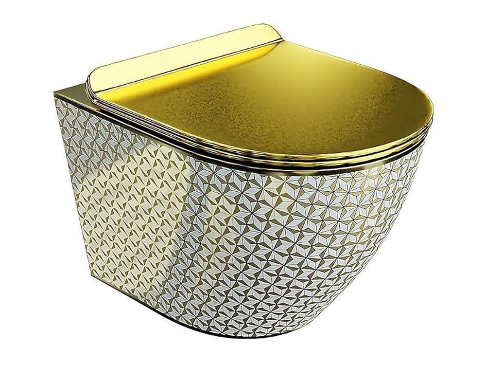 LAVITA Wand-WC Sofi Slim Golden Never Die | HŠnge Toilette | Toilettendeckel mit Absenkautomatik & Metallscharniere | Toiletten SpŸlrandlos HŠngend | Toilettenbecken | 365x490x395 cm | Gold/Wei§