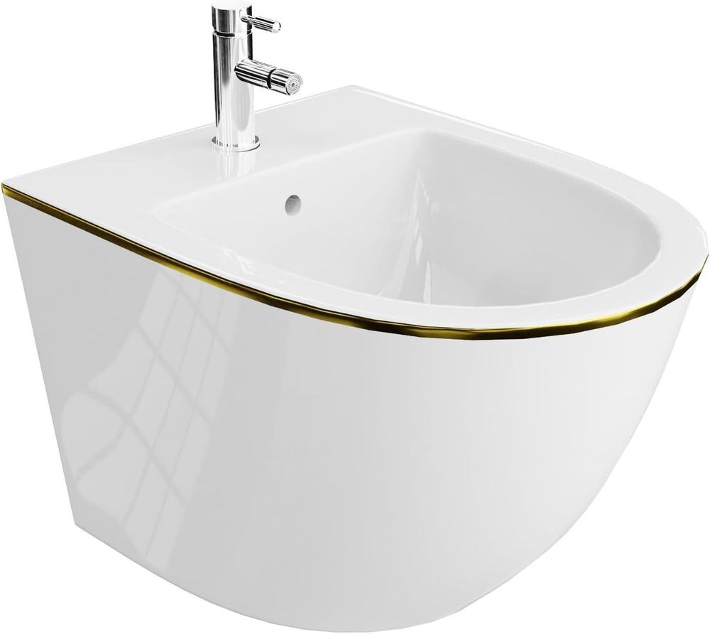 LAVITA Universal Wand-Bidet Sofi Gold Line mit Hahnloch und Überlaufschutz aus Keramik | Sitzwaschbecken zur Montage an der Wand | Hygienisch und Pflegeleicht | 36,5x49x32,5 cm |