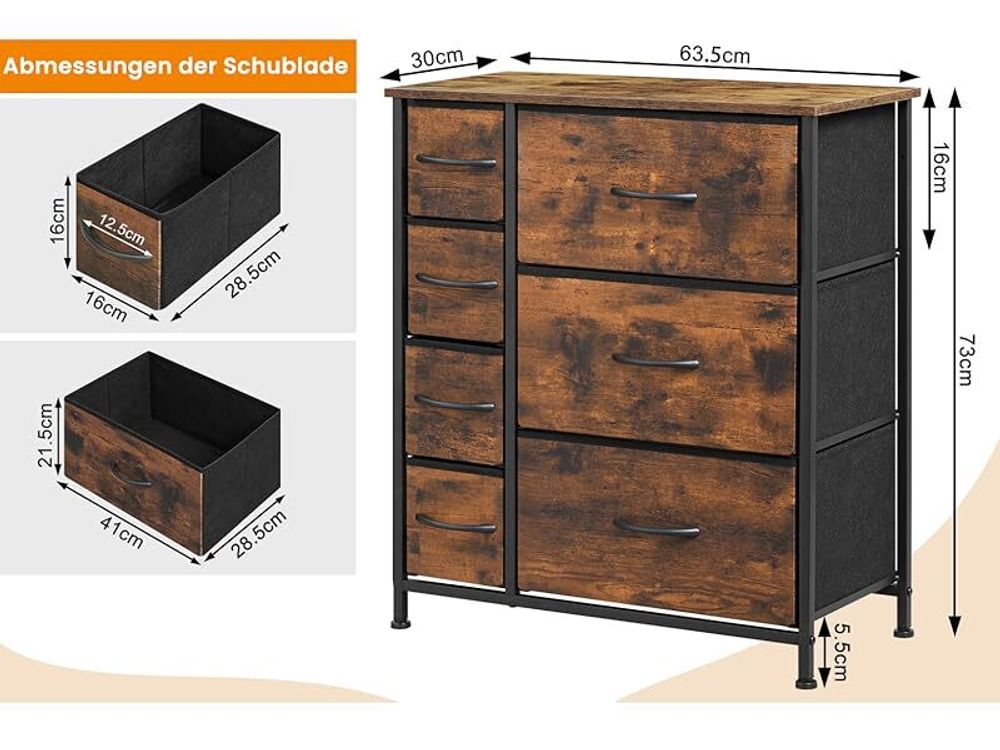 WOLTU Kommode mit 7 Schubladen aus Stoff, Sideboard, Metallrahmen, Industrial Stil