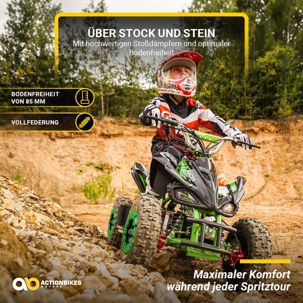 Actionbikes Motors Kinderquad Racer | 1000 Watt - 36 V - Pocket Quad bis 24 km/h - 3 Stufen - Kinder Elektroquad  - Elektro Auto (Schwarz/Grün)